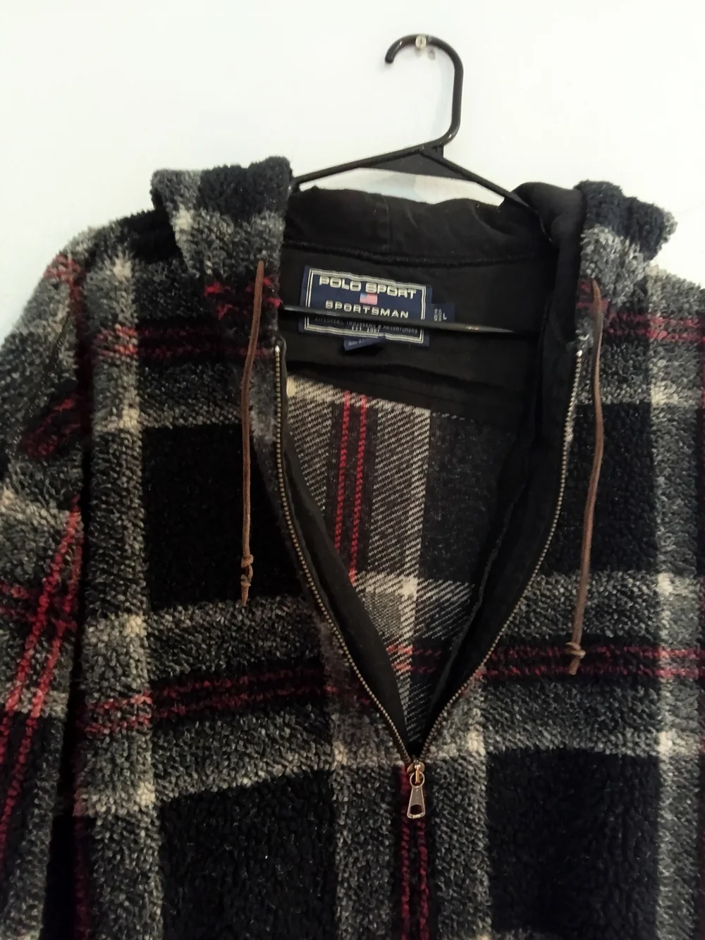 Polo by Ralph Lauren Black Plaid Hooded Zip Jacket with Red Accents